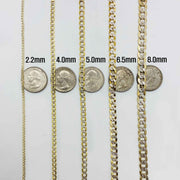 Size guide graphic showing 2.2mm to 8.0mm pave Cuban chain widths over coins.