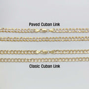 Visual comparison between 10k gold paved Cuban link and classic Cuban link chain styles.
