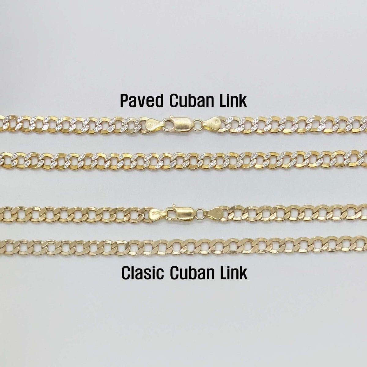 Visual comparison between 10k gold paved Cuban link and classic Cuban link chain styles.