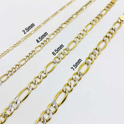 Four 10k yellow gold pave Figaro chain bracelets ranging from 2.5mm to 7.5mm