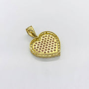 Back view of yellow gold heart pendant showing paved stone setting structure and bail stamp