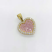 10k yellow gold heart pendant featuring pink paved cubic zirconia with a clear CZ border.
