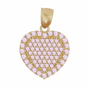 Front view of 10k gold heart pendant paved with pink cubic zirconia stones.