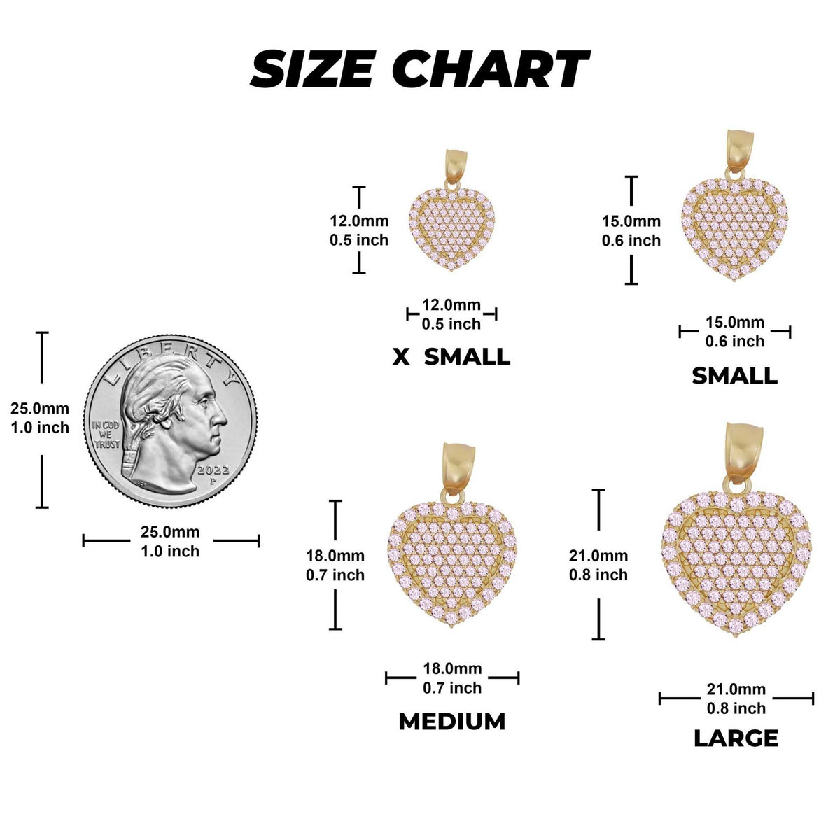 Size chart for gold pink CZ heart pendants compared to a US quarter.