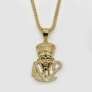 10k gold Queen Nefertiti CZ pendant featuring a front-facing design on a chain necklace.