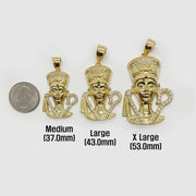 Medium, Large, and X-Large 10k gold Queen Nefertiti CZ pendants compared with a US quarter.
