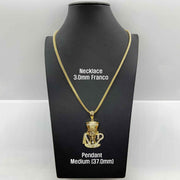 10k yellow gold Queen Nefertiti CZ pendant necklace displayed on a black mannequin display.