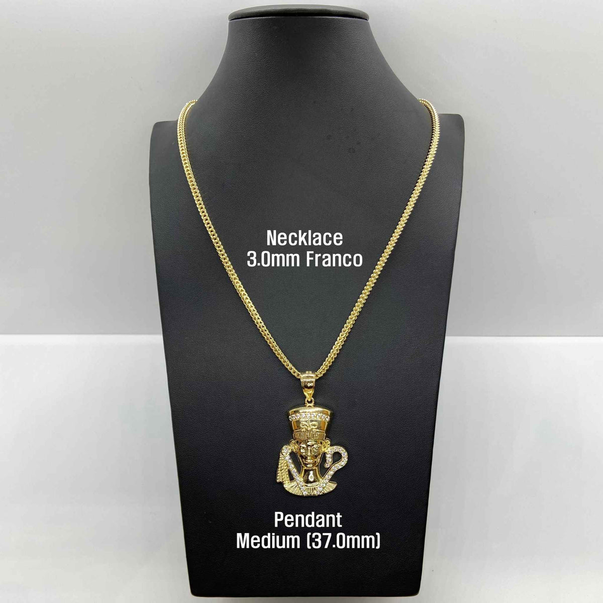 10k yellow gold Queen Nefertiti CZ pendant necklace displayed on a black mannequin display.