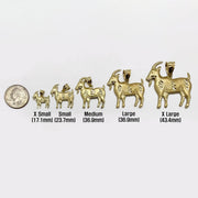 Size comparison of five 10k gold satin goat pendants beside a US quarter.
