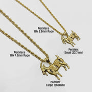 Comparison of Small and Large 10k yellow gold satin goat pendants on gold rope chains.