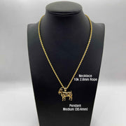 Yellow gold satin goat pendant necklace displayed on a black jewelry mannequin bust