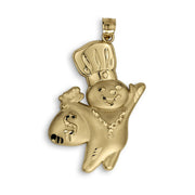 Front view of 10k gold satin Pillsbury Doughboy pendant holding a money bag.