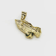 Back view of a 10k yellow gold praying hands pendant showing hollow mesh structure