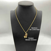 Medium 29.4mm 10k gold praying hands pendant on a 2.2mm rope chain bust display.