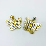 Back view showing two 10k gold butterfly pendants with textured mesh detailing.