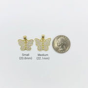 Small and medium gold butterfly CZ pendants displayed next to a US quarter for scale.