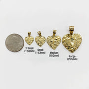 Size chart for gold nugget heart charm pendants in four sizes with quarter.