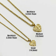 Side-by-side display of Small and Medium gold nugget heart pendants on different thickness rope chains.