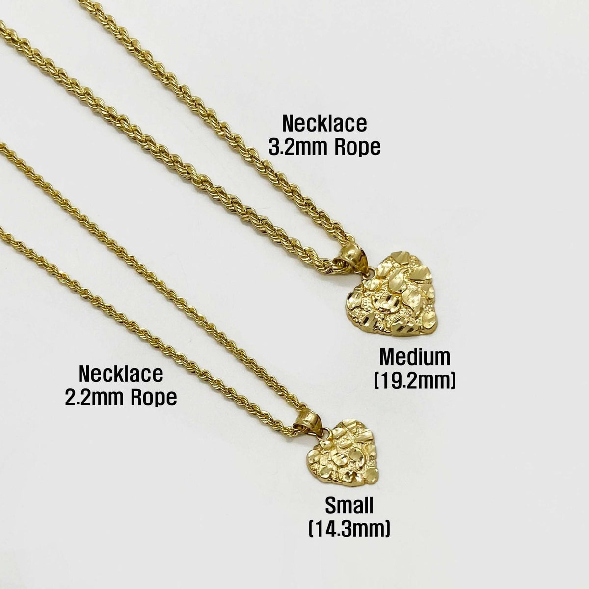 Side-by-side display of Small and Medium gold nugget heart pendants on different thickness rope chains.