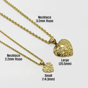 Gold nugget heart pendant necklaces labeled by size (Small and Large) on different thickness rope chains.