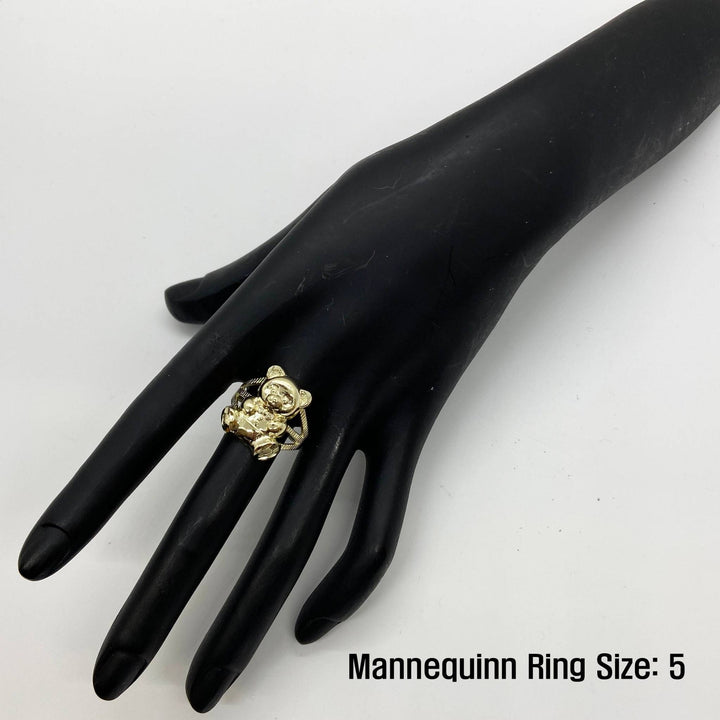 10k Gold Teddy Bear ring on a black mannequin hand.