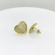 Pair of 10k gold heart-shaped stud earrings featuring pavé-set clear cubic zirconia stones.