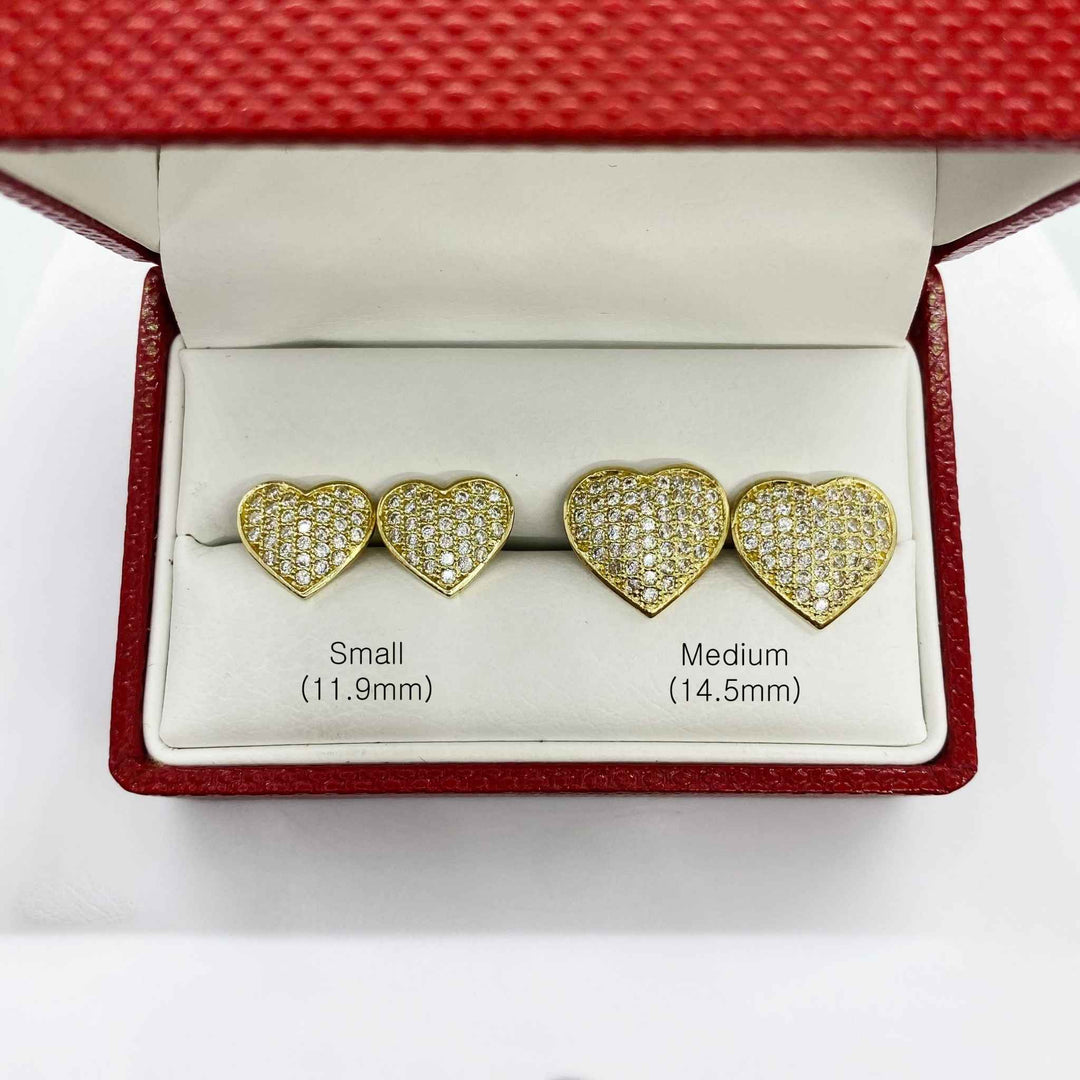 10k gold heart CZ stud earrings in small 11.9mm and medium 14.5mm sizes.