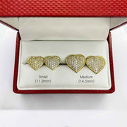 10k gold heart CZ stud earrings in small 11.9mm and medium 14.5mm sizes.