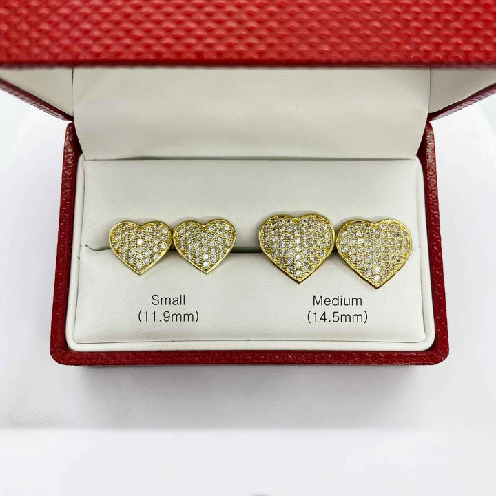 10k gold heart CZ stud earrings in small 11.9mm and medium 14.5mm sizes.