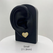 Small 11.9mm gold heart CZ stud earring displayed on a black ear-shaped jewelry stand.