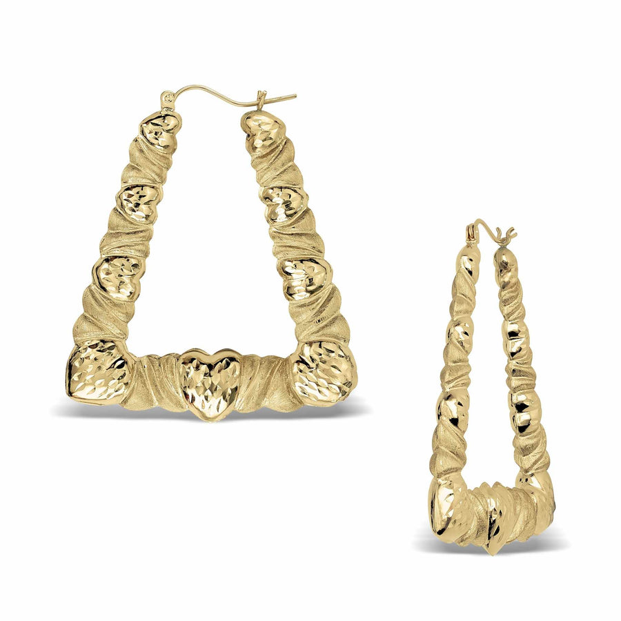 Pair of 10k yellow gold twisted heart-shaped square hoop earrings on white background.