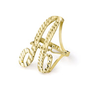 Large gold cursive signet ring with a textured diamond-cut alphabet letter A