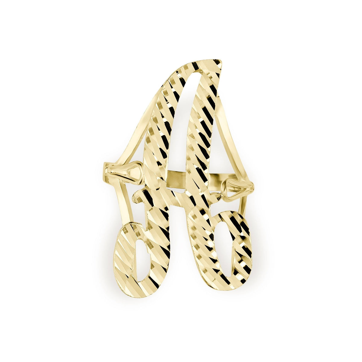 Front profile of a 28.0mm gold vintage cursive initial ring, letter A