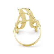 Inner view of a 10k gold large cursive initial ring showing open-back hollow design.