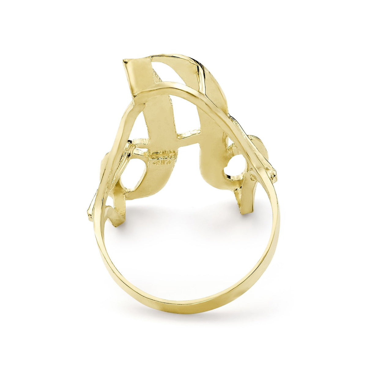 Inner view of a 10k gold large cursive initial ring showing open-back hollow design.