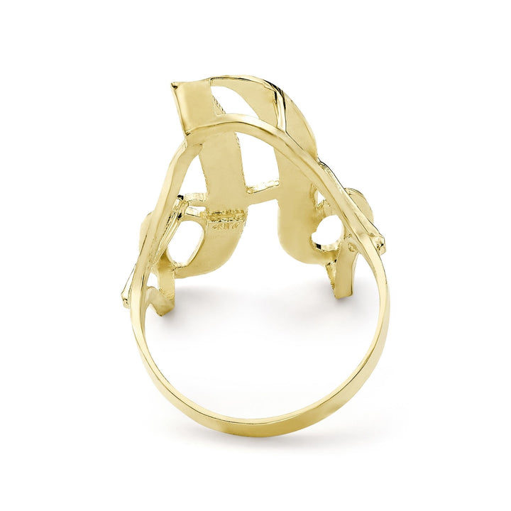 Inner view of a 10k gold large cursive initial ring showing open-back hollow design.