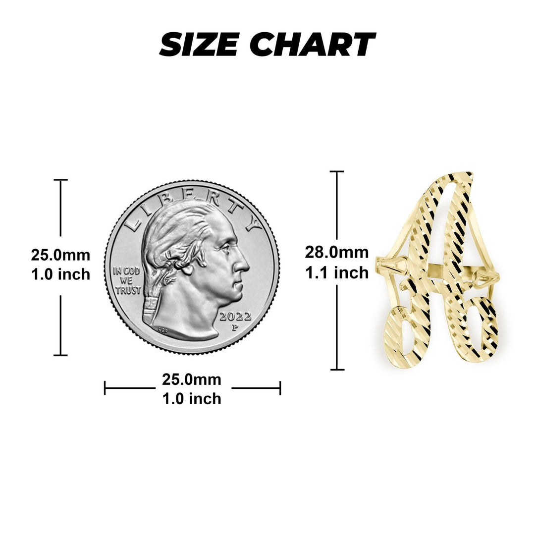 Size chart comparing a US quarter to a 28.0mm gold vintage cursive initial ring.