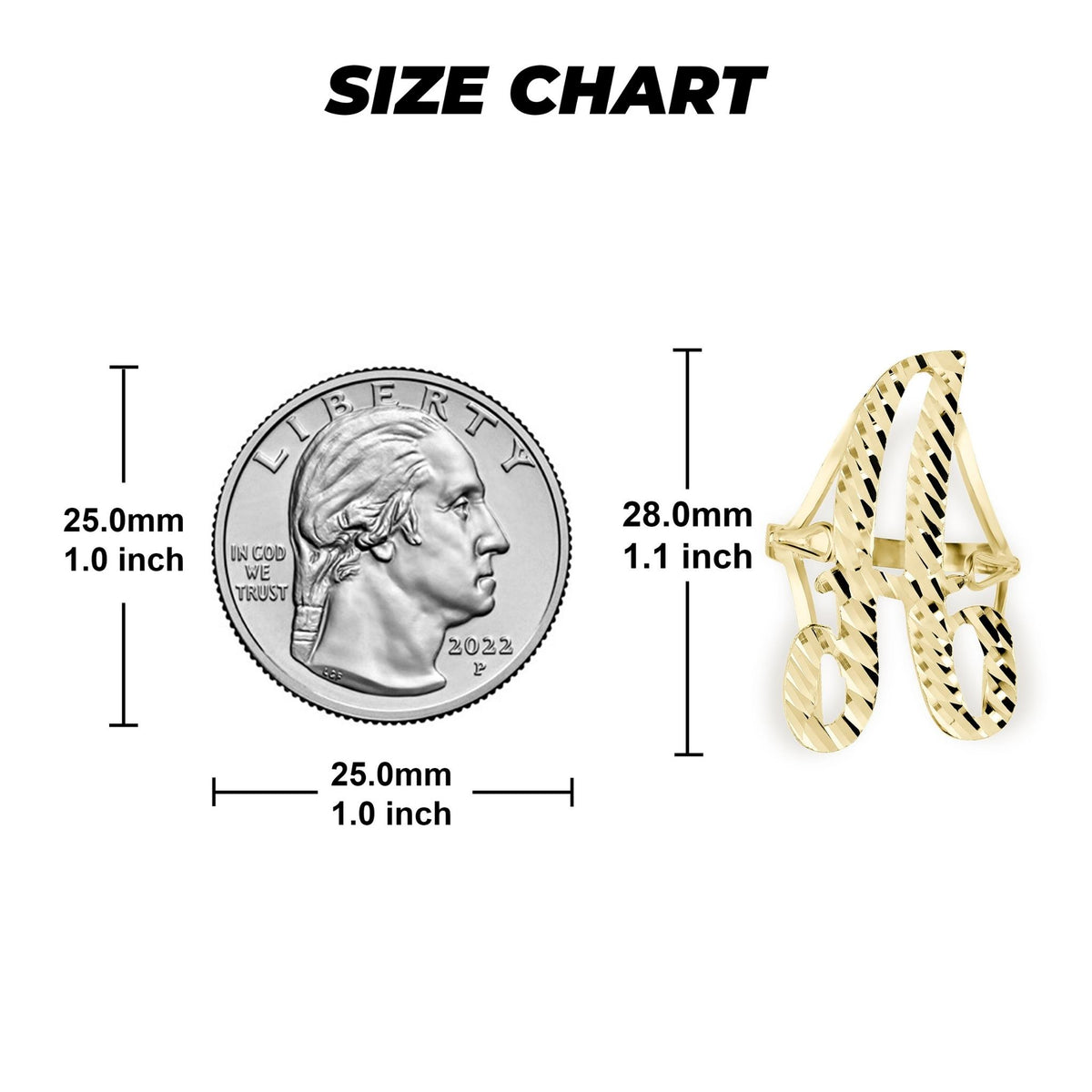 Size chart comparing a US quarter to a 28.0mm gold vintage cursive initial ring.