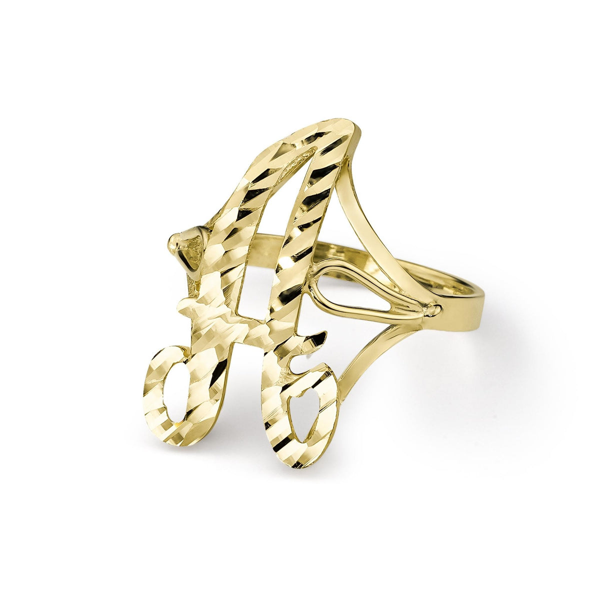 Medium gold cursive signet ring with a textured diamond-cut alphabet letter A