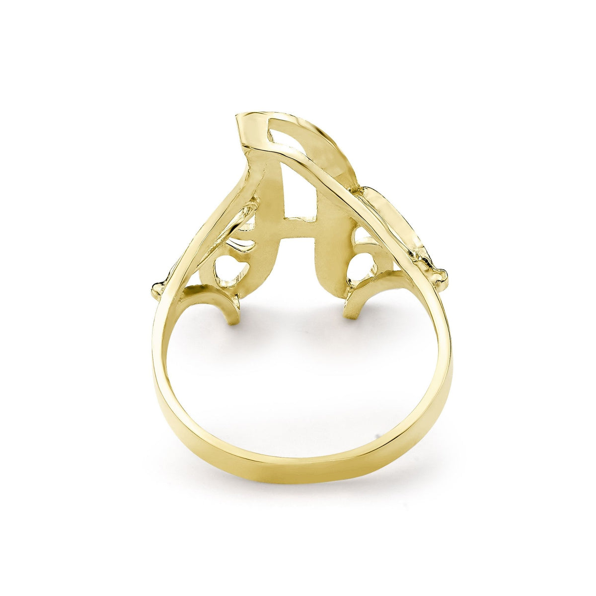 Back angle of a medium gold cursive signet ring on white background.