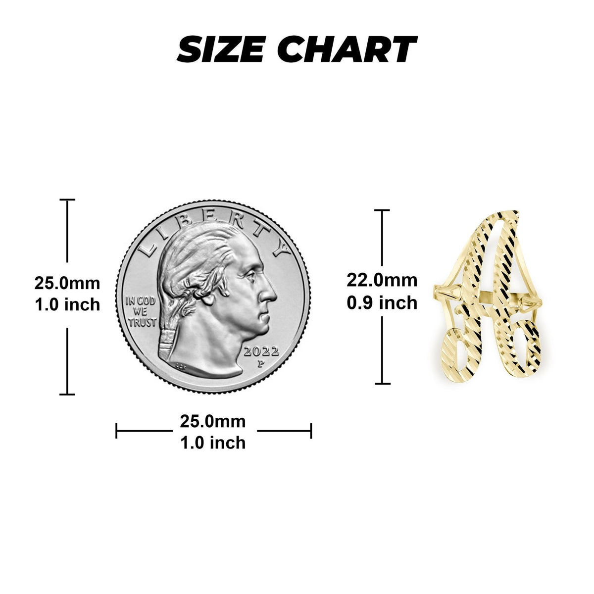 Size chart comparing a US quarter to a 22.0mm gold vintage cursive initial ring.