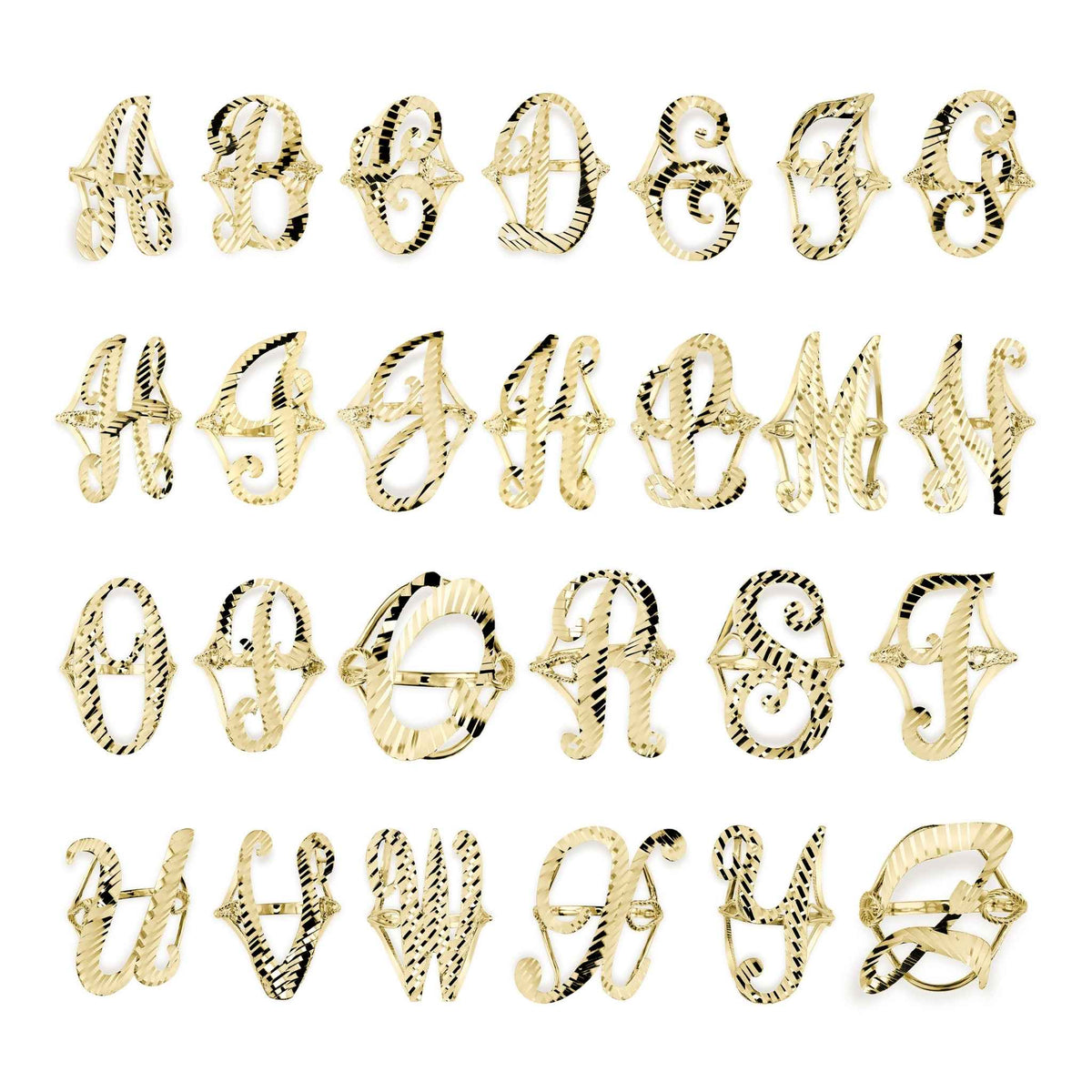 Grid display of 10k yellow gold medium cursive initial rings showing multiple alphabet letters.