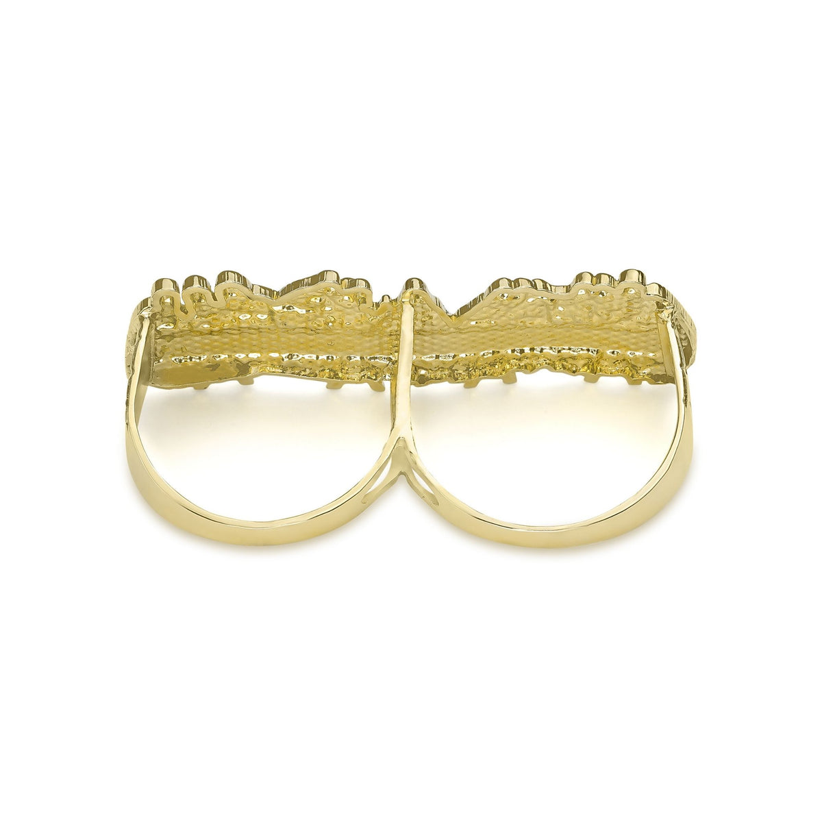 Rear view of a 10k gold two-finger ring displaying the dual inner bands.