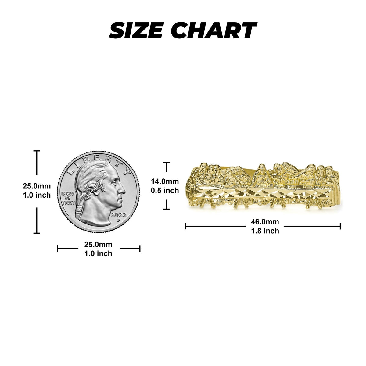 10k yellow gold Last Supper two-finger ring size guide with millimeter measurements.
