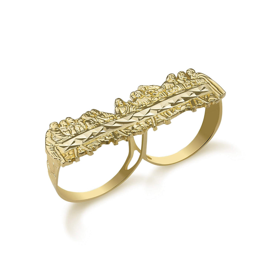 Front view of a 10k yellow gold vintage-inspired Last Supper two-finger statement ring.