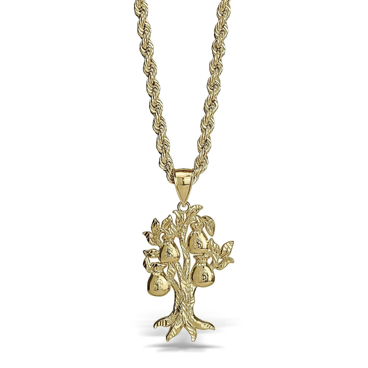 Gold money tree pendant featuring hanging dollar sign money bags on a rope chain