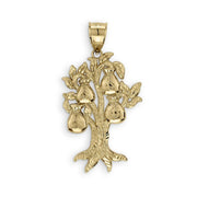 Textured yellow gold money tree pendant featuring hanging dollar sign money bags