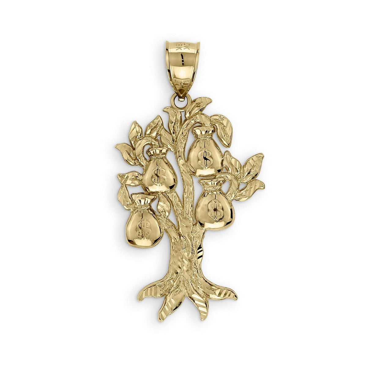 Textured yellow gold money tree pendant featuring hanging dollar sign money bags