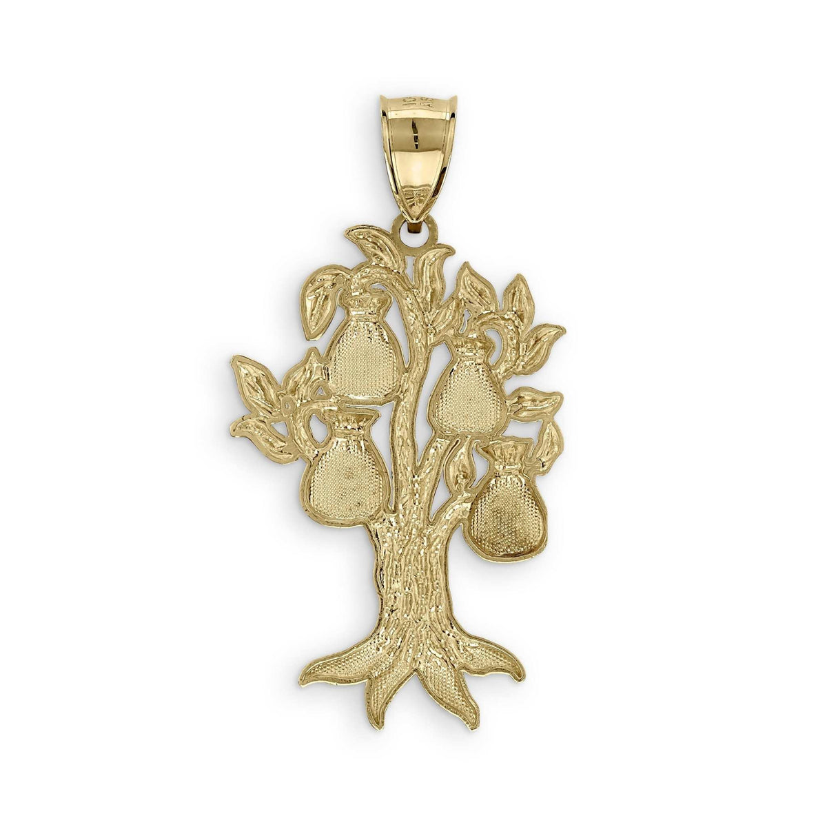 Textured yellow gold money tree pendant charm with hanging money bags and a polished bail.