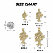 Size chart showing four gold money tree pendants with measurements next to a quarter.